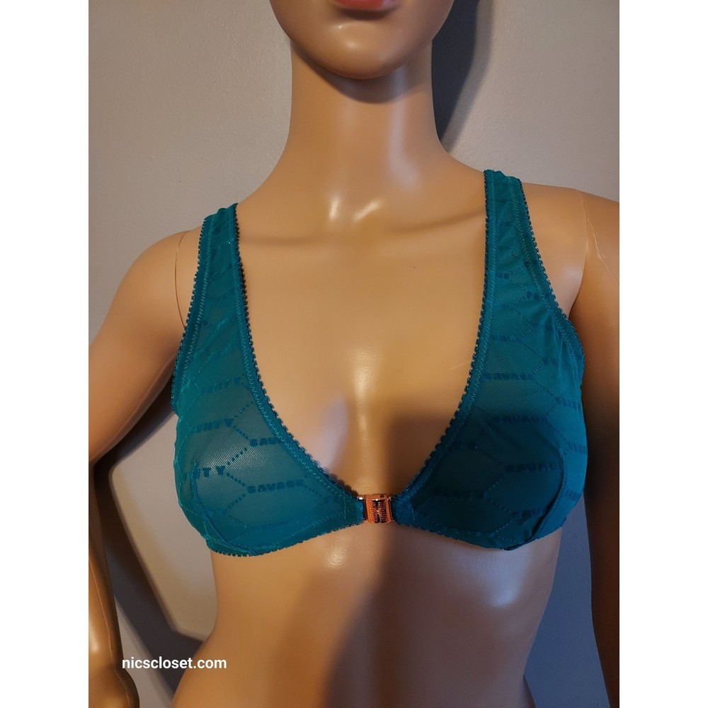 Savage X Fenty Green Flocked Logo Unlined Bra Medium Front Closure